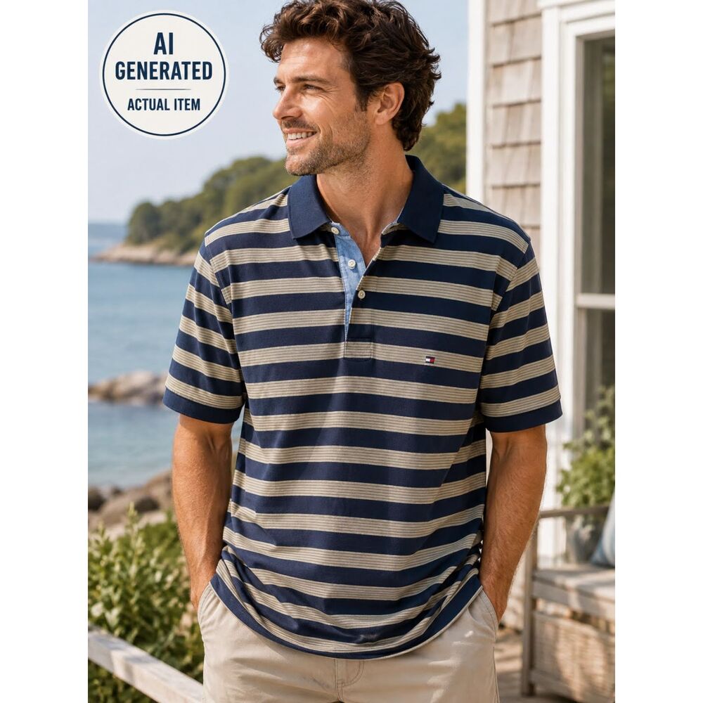 Tommy Hilfiger Striped Polo Shirt Mens L Navy Blue Khaki Y2K Preppy Skate Top